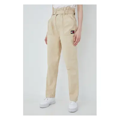 Bavlněné kalhoty Tommy Jeans dámské, béžová barva, jednoduché, high waist