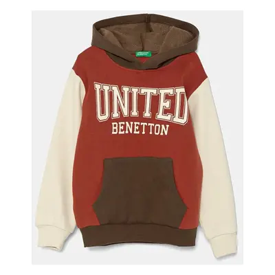 Dětská mikina United Colors of Benetton hnědá barva, s kapucí, vzorovaná, 3EB5C203U