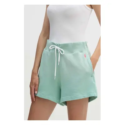 Bavlněné šortky Polo Ralph Lauren zelená barva, hladké, high waist, 211935586