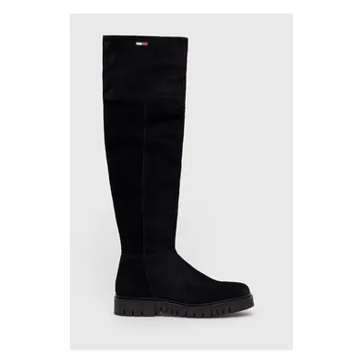 Semišové boty Tommy Jeans Warmlined Long Boot dámské, černá barva, na platformě, zateplené