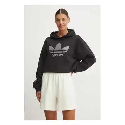 Mikina adidas Originals Bling Hoodie dámská, černá barva, s kapucí, s aplikací, IW5697