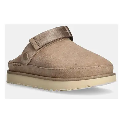 Dětské semišové pantofle UGG Goldenstar Clog dámské, béžová barva, na platformě, 1138252-SAN