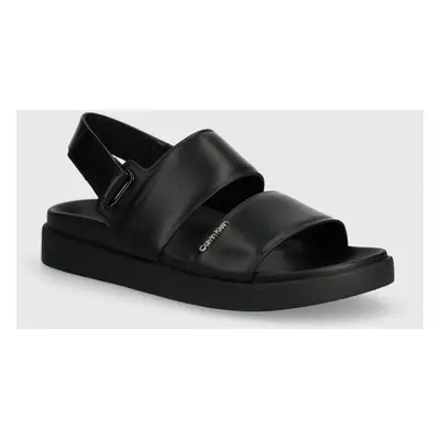 Kožené sandály Calvin Klein FLAT SANDAL CALVIN MTL LTH dámské, černá barva, HW0HW01984