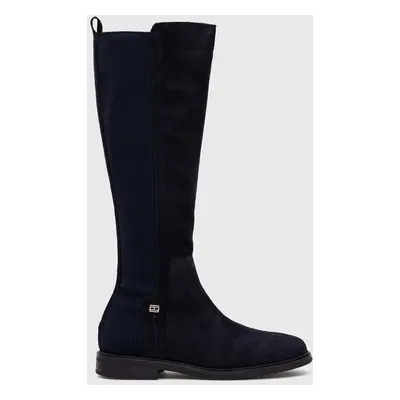 Kozačky Tommy Hilfiger TOMMY ESSENTIALS LONGBOOT dámské, tmavomodrá barva, na plochém podpatku, 