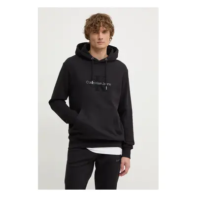 Bavlněná mikina Calvin Klein Jeans pánská, černá barva, s kapucí, s aplikací, J30J326637