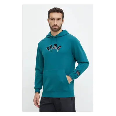 Bavlněná mikina Puma Classics Play Paris Hoodie pánská, tyrkysová barva, s kapucí, s aplikací, 6