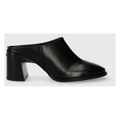 Kožené pantofle Calvin Klein GEO BLOCK MULE 60 dámské, černá barva, na podpatku, HW0HW01844