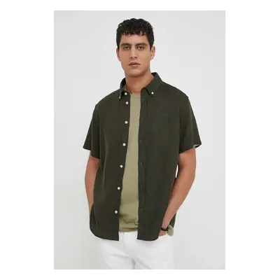 Lněná košile Les Deux zelená barva, regular, s límečkem button-down, LDM401053