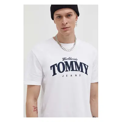 Bavlněné tričko Tommy Jeans bílá barva, s potiskem, DM0DM18274