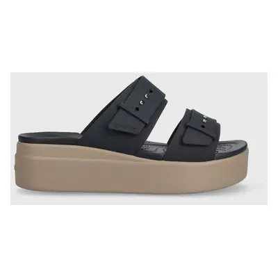 Pantofle Crocs Brooklyn Low Wedge Sandal dámské, tmavomodrá barva, na platformě, 207431