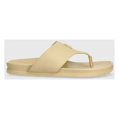 Kožené žabky Tommy Hilfiger THONG COMFORT SANDAL dámské, béžová barva, na plochém podpatku, FW0F