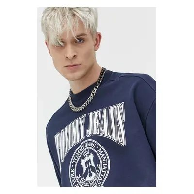 Bavlněná mikina Tommy Jeans pánská, tmavomodrá barva, s potiskem