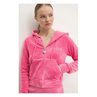 Velurová mikina Juicy Couture REGAL MADISON HOODIE růžová barva, s kapucí, JCBAS224828