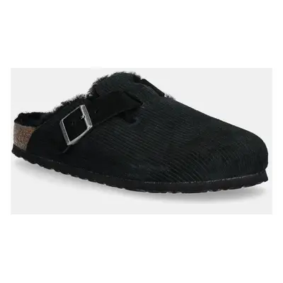 Semišové pantofle Birkenstock Boston Corduroy Shearling dámské, černá barva, 1028400