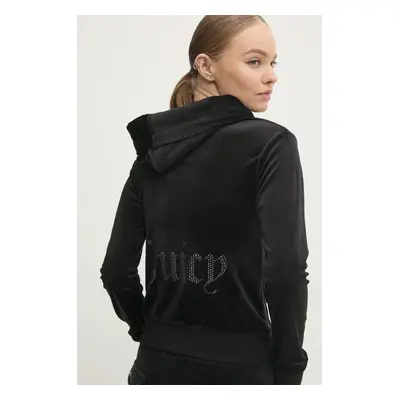 Velurová mikina Juicy Couture ROBERTSON JEWELLED VELOUR HOODIE černá barva, s kapucí, JCBAS22481