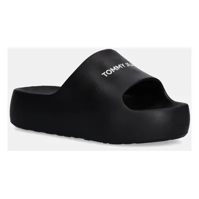 Pantofle Tommy Jeans TJW FLATFORM POOL SLIDE ESS dámské, černá barva, na platformě, EN0EN02763