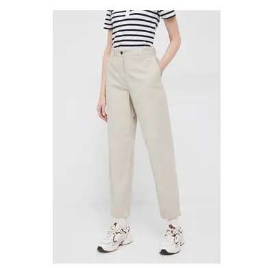 Bavlněné kalhoty Tommy Hilfiger béžová barva, jednoduché, high waist