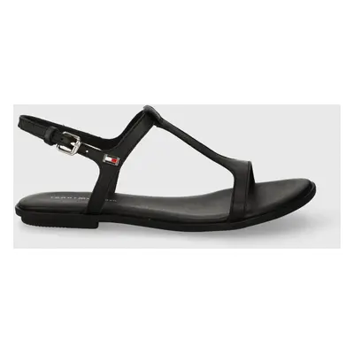 Kožené sandály Tommy Hilfiger TH FLAT SANDAL dámské, černá barva, FW0FW07930