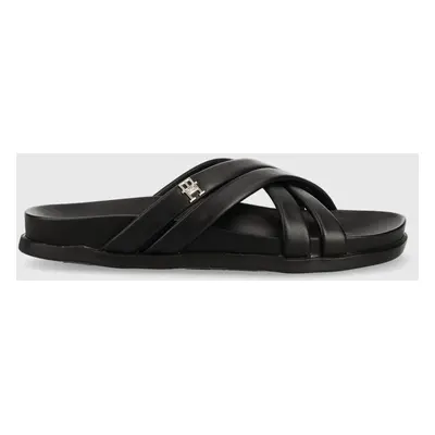 Kožené pantofle Tommy Hilfiger STRAP FEMININE SANDAL dámské, černá barva