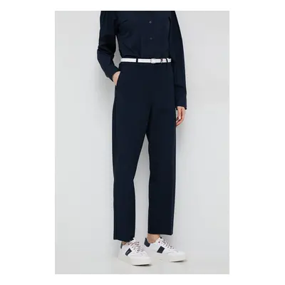 Kalhoty Tommy Hilfiger dámské, tmavomodrá barva, široké, high waist