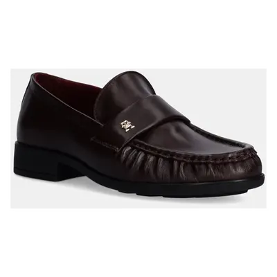 Kožené mokasíny Tommy Hilfiger LOAFER SOFT NAPPA PLEATED TOE dámské, vínová barva, na plochém po