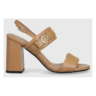 Kožené sandály Calvin Klein BLOCK HL SANDAL 85HH W/HW béžová barva, HW0HW01486