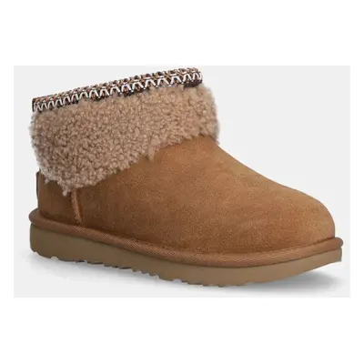 Dětské semišové zimní boty UGG KIDS CLASSIC ULTRA MINI MAXI CURLY hnědá barva, 1157730K