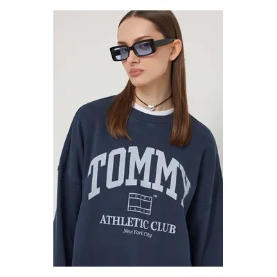 Bavlněná mikina Tommy Jeans dámská, tmavomodrá barva, s potiskem, DW0DW18144