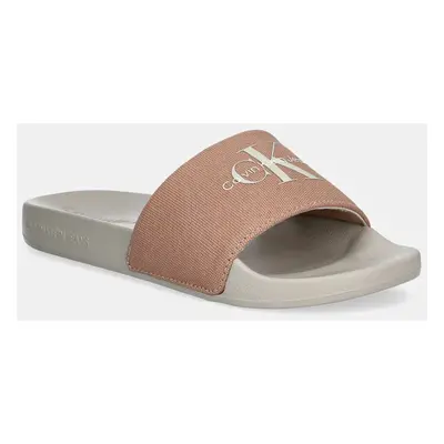 Pantofle Calvin Klein Jeans SLIDE MONOGRAM WMNS dámské, béžová barva, YW0YW01835