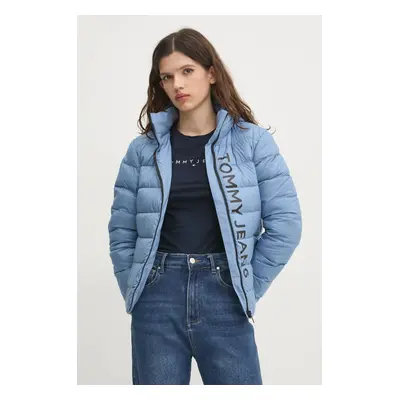 Péřová bunda Tommy Jeans dámská, modrá barva, přechodná, DW0DW20388