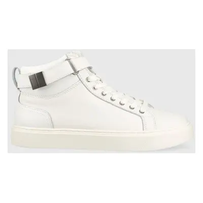 Kožené sneakers boty Calvin Klein HIGH TOP LACE UP W/PLAQUE bílá barva, HM0HM00973