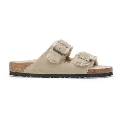 Semišové pantofle Birkenstock Arizona Shearling dámské, béžová barva, 1028293