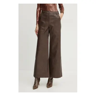 Kalhoty Bardot VEGAN LEATHER dámské, hnědá barva, široké, high waist, 59498PB