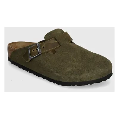 Semišové pantofle Birkenstock Boston pánské, zelená barva, 1028067