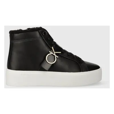 Kožené kecky Calvin Klein FLATFORM CUPSOLE HIGHTOP W/HW WL dámské, černá barva, HW0HW01667