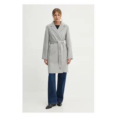 Vlněný kabát Tommy Hilfiger šedá barva, přechodný, oversize, WW0WW43603