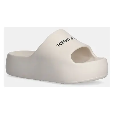 Pantofle Tommy Jeans TJW FLATFORM POOL SLIDE ESS dámské, béžová barva, na platformě, EN0EN02763