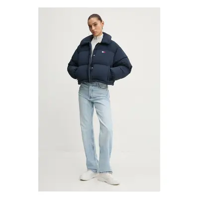 Péřová bunda Tommy Jeans dámská, tmavomodrá barva, zimní, DW0DW20390