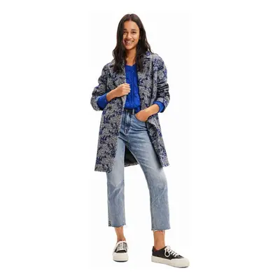 Kabát Desigual 23WWEWA9 WOMAN WOVEN OVERCOAT dámský, tmavomodrá barva, přechodný, dvouřadový