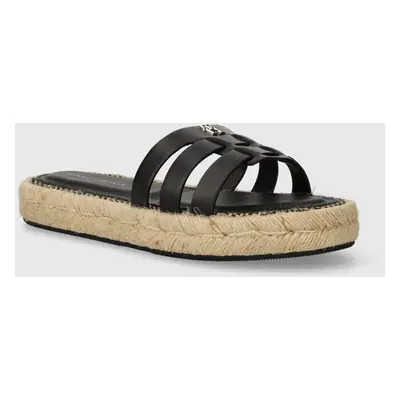 Kožené pantofle Tommy Hilfiger AUTHENTIC FLAT LTHR ESPADRILLE dámské, černá barva, na platformě,