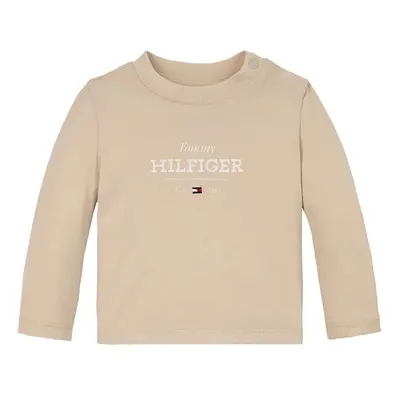 Dětské bavlněné tričko s dlouhým rukávem Tommy Hilfiger béžová barva, KN0KN01965