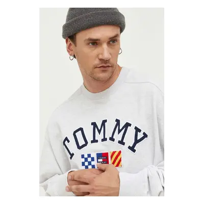 Bavlněná mikina Tommy Jeans pánská, šedá barva, melanžová