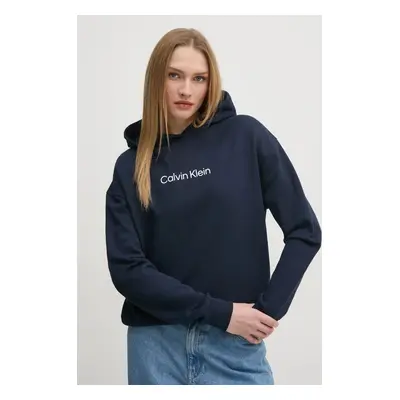 Bavlněná mikina Calvin Klein dámská, tmavomodrá barva, s kapucí, s potiskem, K20K205449