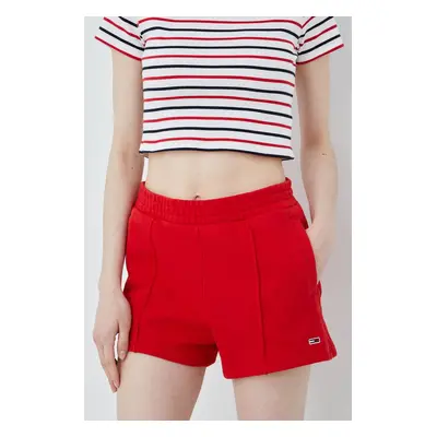 Bavlněné šortky Tommy Jeans dámské, červená barva, hladké, high waist