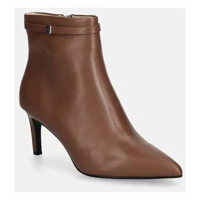 Kožené kotníkové boty Calvin Klein HEEL ANKLE BOOT 70 W/HW LTH dámské, hnědá barva, na podpatku,