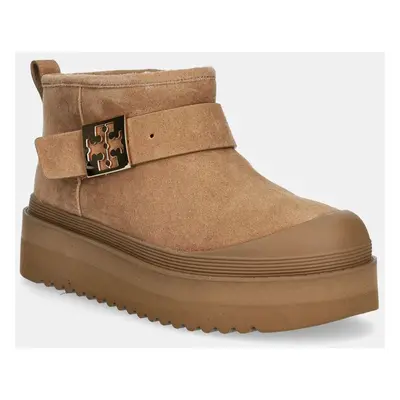 Semišové sněhule Tory Burch Mellow Shearling Platform Boot hnědá barva, 165421-200