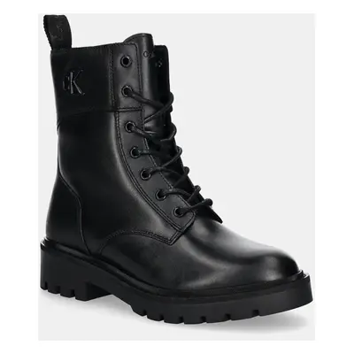 Kožené workery Calvin Klein Jeans COMBAT BOOT MID ZIP LTH IN CALF dámské, černá barva, na ploché