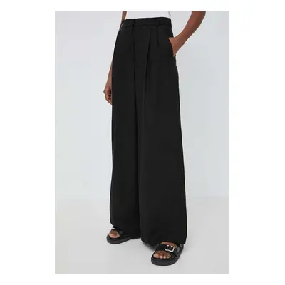 Kalhoty s lněnou směsí Weekend Max Mara černá barva, široké, high waist, 2415131062600