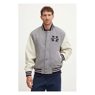 Vlněná bomber bunda Tommy Hilfiger šedá barva, zimní, MW0MW37032