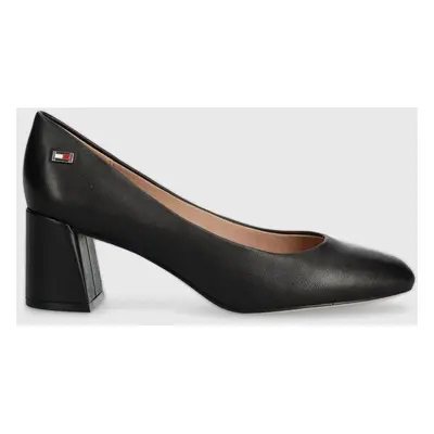 Kožené lodičky Tommy Hilfiger TH LEATHER MID HEEL BLOCK PUMP černá barva, na podpatku, FW0FW0771